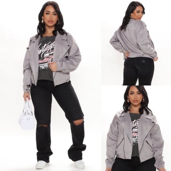 Fashion Nova Women's Nothing's Impossible Faux Suede Moto Jacket Size 1X Grey - Picture 3 of 11